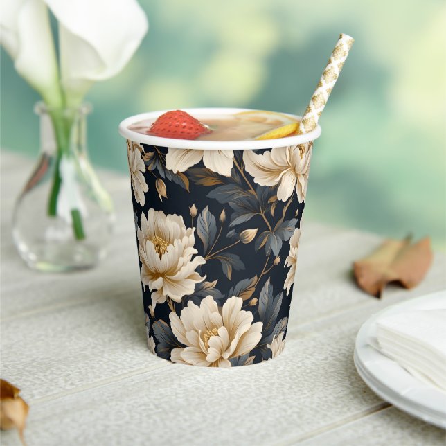 Cream Floral Peony Modern Elegant Paper Cups (Insitu)