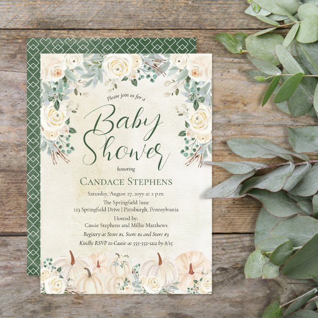 Cream Floral | Pumpkins - Forest Green Baby Shower Invitation (Beautiful gender neutral forest and sage green with cream-colored pumpkins and florals "Baby Shower")