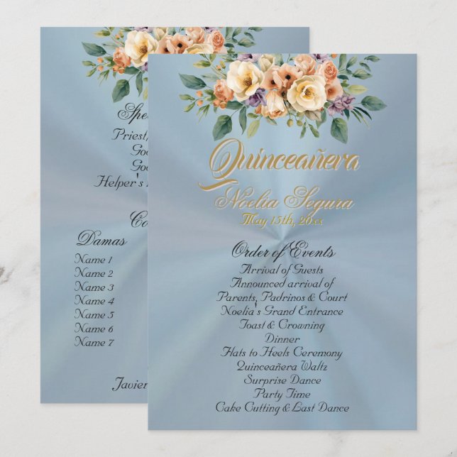 Cream Floral Quinceanera Program - Pastel Blue (Front/Back)