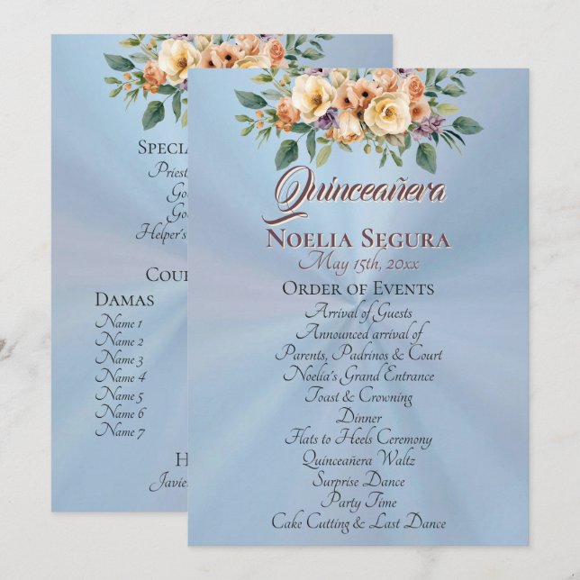 Cream Floral Quinceanera Program - Pastel Blue (Front/Back)