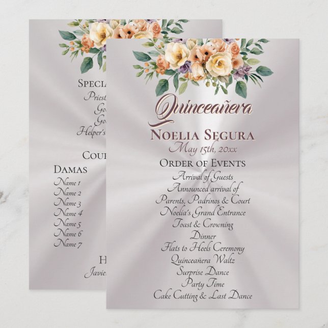 Cream Floral Quinceanera Program - Pearl White (Front/Back)