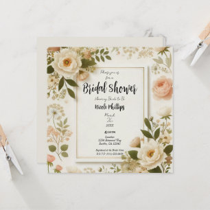 Cream Floral Square Minimal Elegant Bridal Shower Invitation