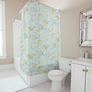 Cream Floral Toile On Blue Shower Curtain