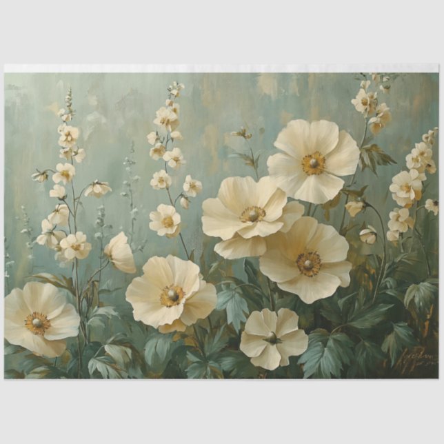 Cream Florals On Green background Tissue Paper (Front)