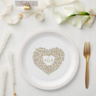 Cream flower wedding tulips heart bouquet monogram paper plate