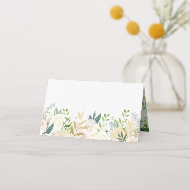 Cream Flowers and Greenery Floral Wedding Place Card (Front)