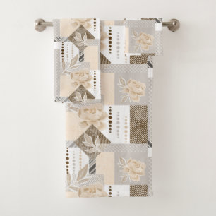 Cream flowers on white bath towel set