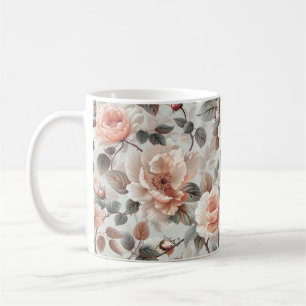 Cream flowers with grey leaves on a light grey  coffee mug