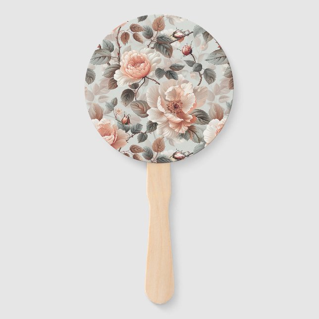 Cream flowers with grey leaves on a light grey  hand fan (Front)
