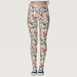 Cream flowers with grey leaves on a light grey  leggings