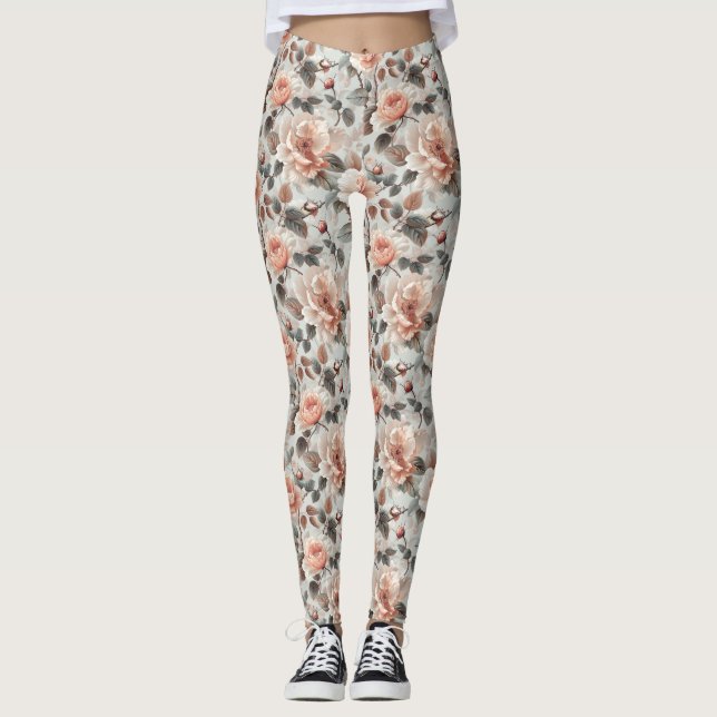 Cream flowers with grey leaves on a light grey  leggings (Front)