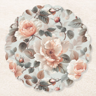 Cream flowers with grey leaves on a light grey paper coaster