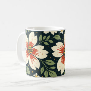 Cream Flowers with Red Centers & Green Leaves Coffee Mug