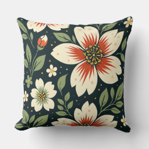 Cream Flowers with Red Centers & Green Leaves Cushion