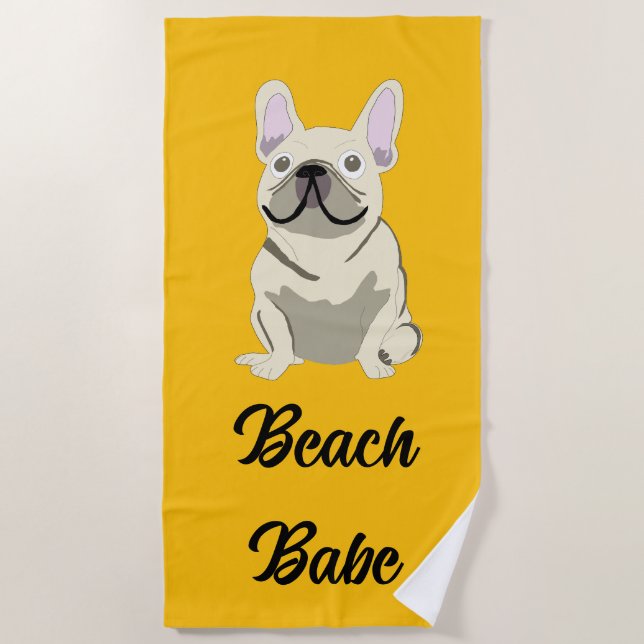 Cream French Bulldog, beach babe Beach Towel (Front)