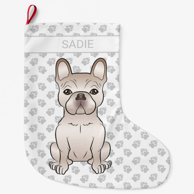 Cream French Bulldog / Frenchie With Paws & Name Large Christmas Stocking (Front)