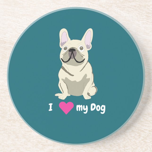 Cream French Bulldog, I Love my Dog Coaster (Front)