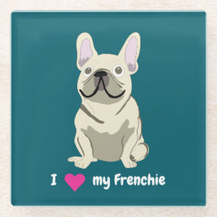 Cream French Bulldog, I Love my Dog Glass Coaster
