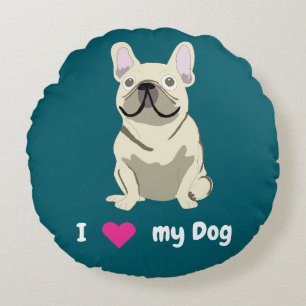 Cream French Bulldog, I Love my Dog Round Cushion