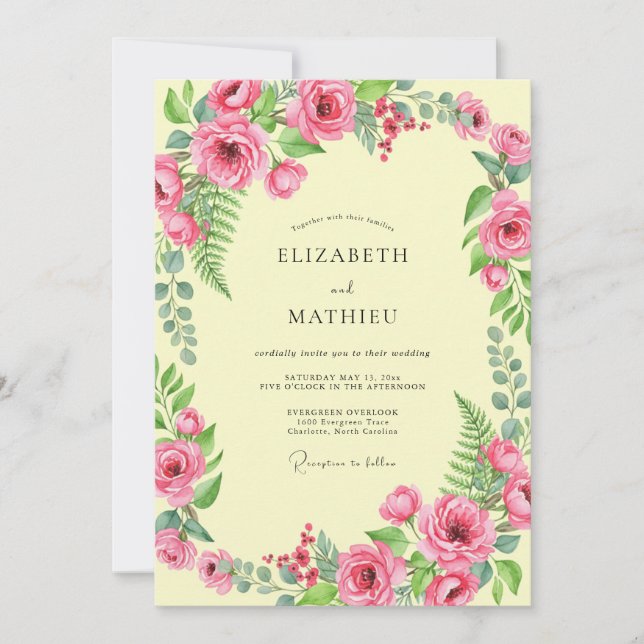 Cream Fuchsia Peony Wedding Invitation (Front)