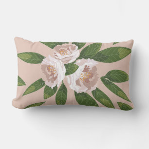 Cream Garden Harmony: Camellias and Greenery Lumbar Cushion