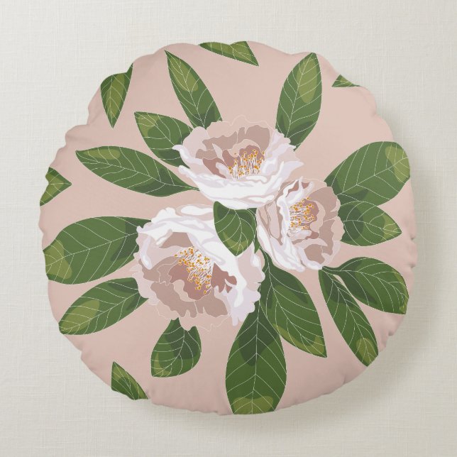 Cream Garden Harmony: Camellias and Greenery Round Cushion (Front)