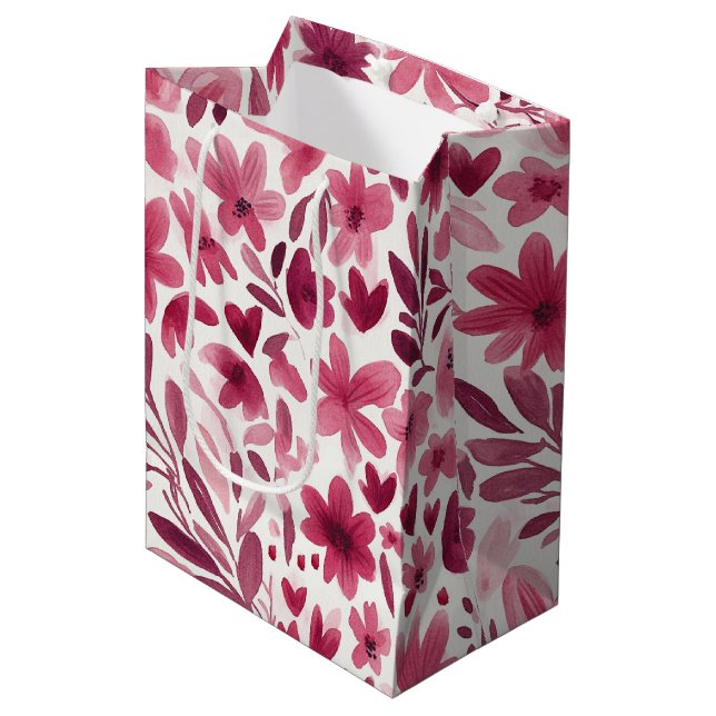 Cream Girly Pink Red Flowers Hearts Birthday Medium Gift Bag (Front Angled)