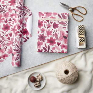 Cream Girly Pink Red Flowers Hearts Birthday Wrapping Paper