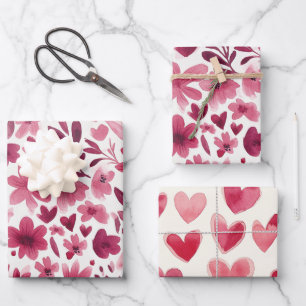 Cream Girly Pink Red Flowers Hearts Birthday Wrapping Paper Sheet