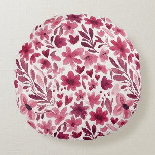Cream Girly Pink Red Flowers Hearts Round Cushion