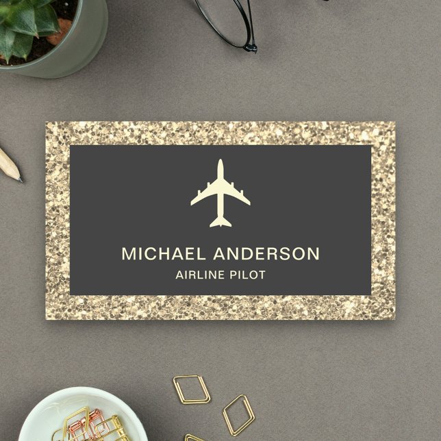 Cream Glitter Jet Aircraft Aeroplane Airline Pilot Business Card (Creator Uploaded)