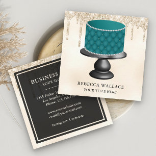Cream Glitter Teal Tufted Cake Bakery Square Business Card