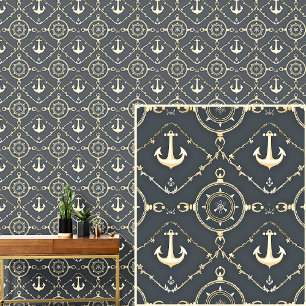 Cream Gold Anchors & Compass  Dark Gray Blue Wallpaper