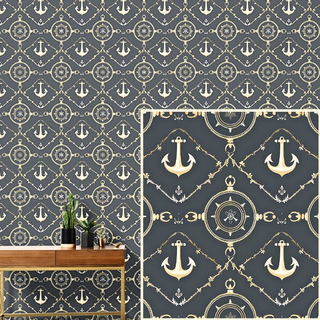 Cream Gold Anchors & Compass  Dark Grey Blue Wallpaper (Creator Uploaded)