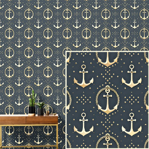 Cream Gold Anchors & Rope on  Dark Grey Blue Wallpaper