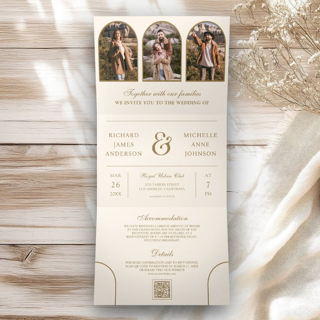Cream Gold Arch Photo QR code Wedding Tri-Fold Invitation (Creator Uploaded)