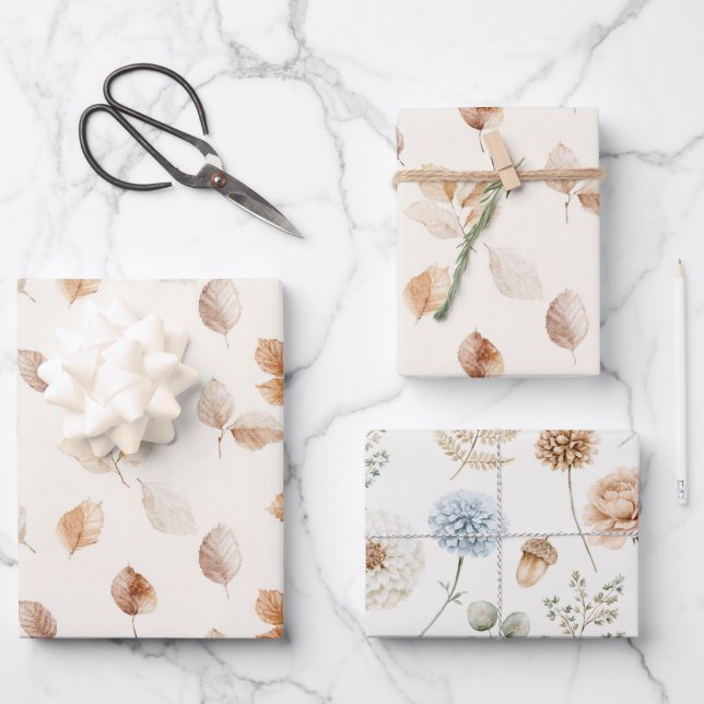 Cream Gold Autumn Leaves  Wrapping Paper Sheet (Front)