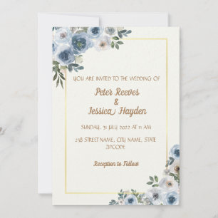 Cream, Gold Border & Blue Flowers Wedding  Invitation