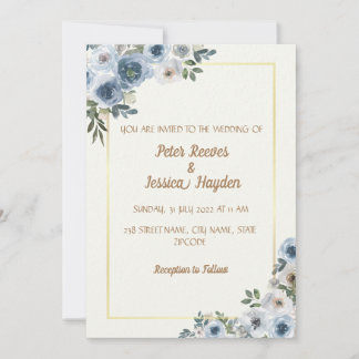 Cream, Gold Border & Blue Flowers Wedding  Invitation