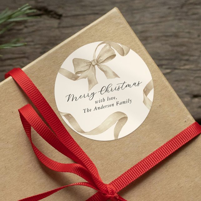 Cream Gold Bow Merry Christmas Classic Round Sticker (Creator Uploaded)