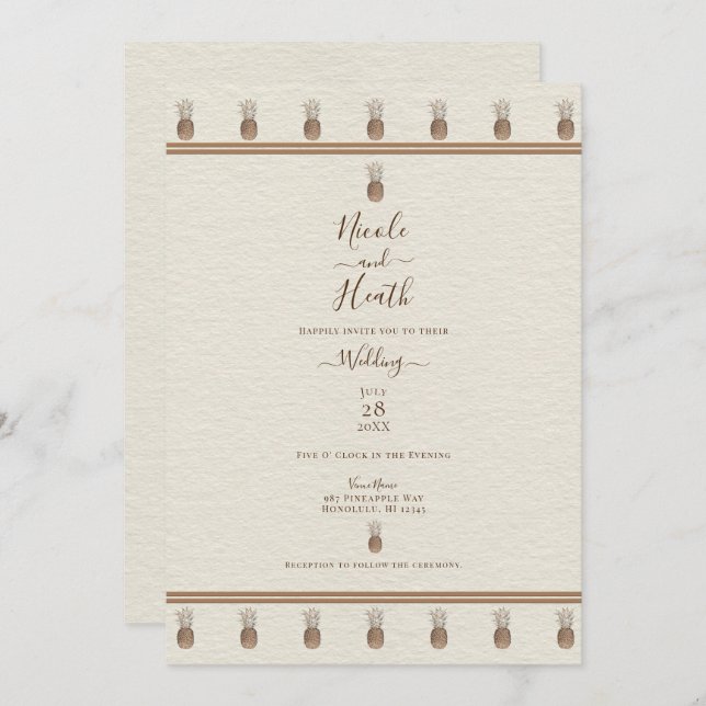 Cream Gold Brown Pineapple Minimal Elegant Wedding Invitation (Front/Back)