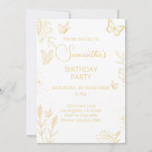Cream & Gold Butterfly Birthday Invitation