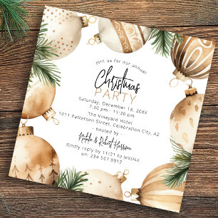 Cream & Gold Christmas Tree Ornaments Party Invitation