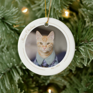 Cream Gold Elegant Minimalist Christmas Pet Photo Ceramic Ornament