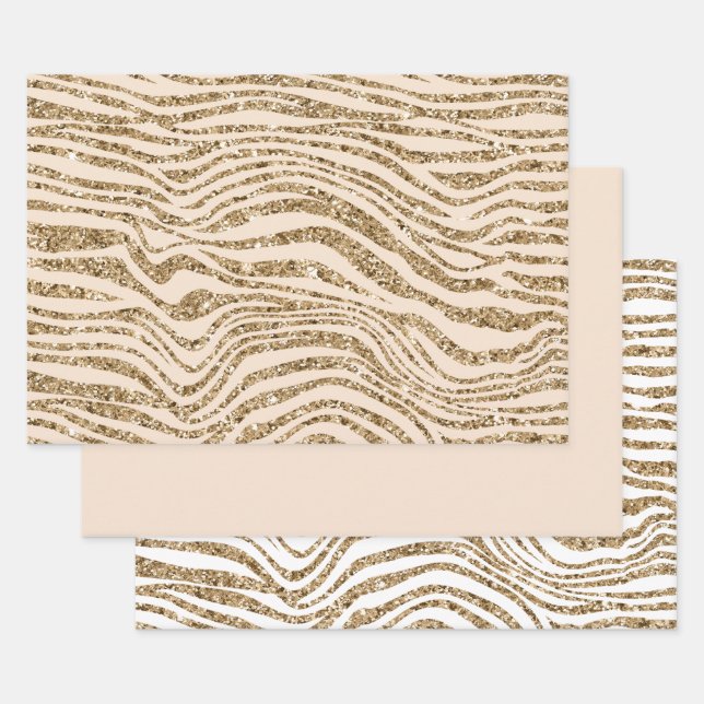 Cream Gold Faux Glitter Zebra  Wrapping Paper Sheet (Set)