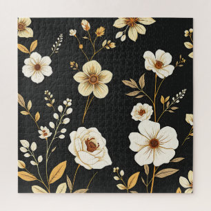 Cream Gold Floral Black Pattern Jigsaw Puzzle