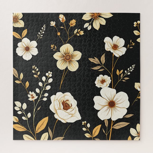 Cream Gold Floral Black Pattern Jigsaw Puzzle (Vertical)
