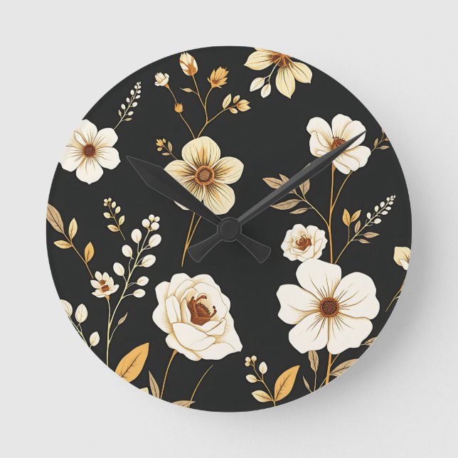 Cream Gold Floral Black Pattern Round Clock (Front)