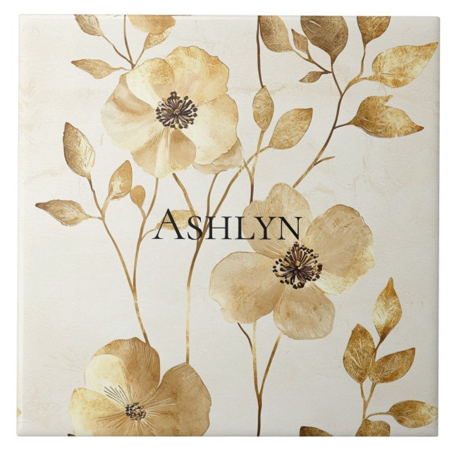 Cream Gold Floral  Ceramic Tile (Front)