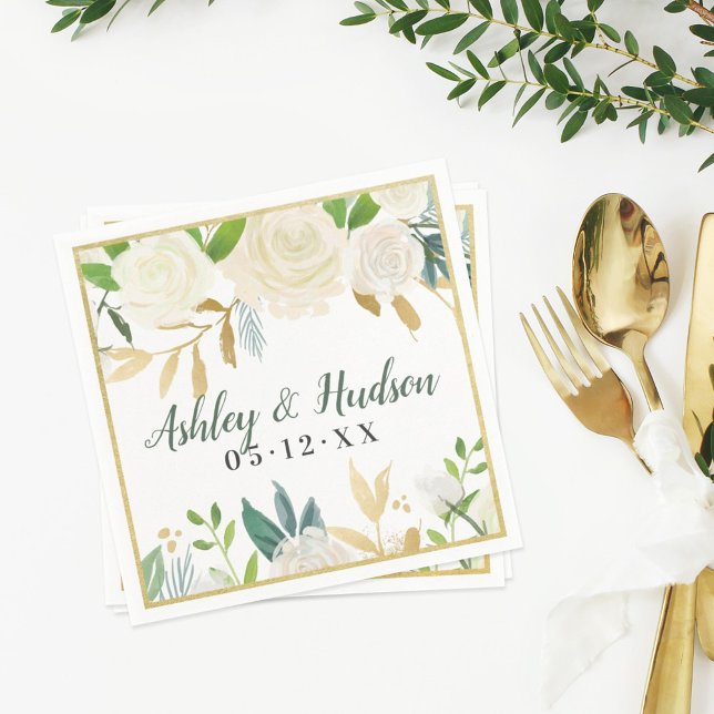 Cream Gold Floral Greenery Wedding Monogram Napkin (Creator Uploaded)